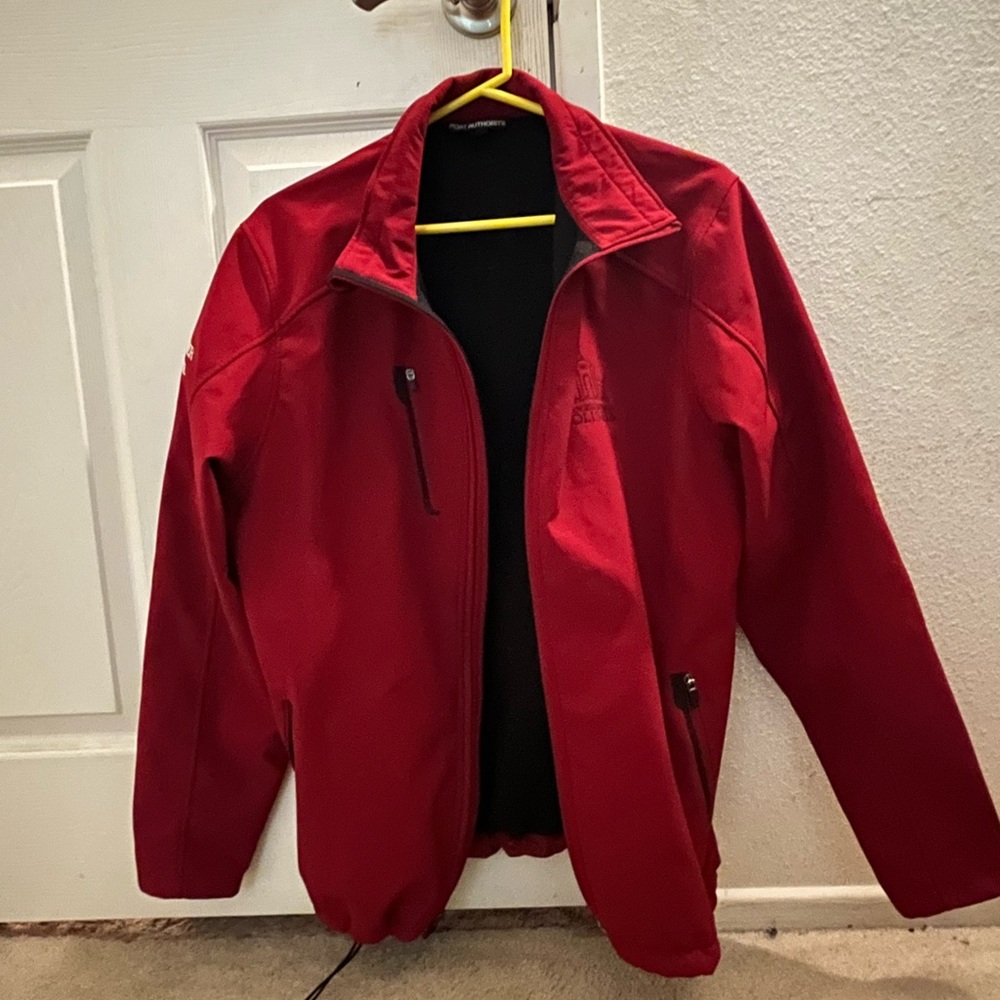 vintage red bomber jacket, Los Angeles memorial coliseum, medium